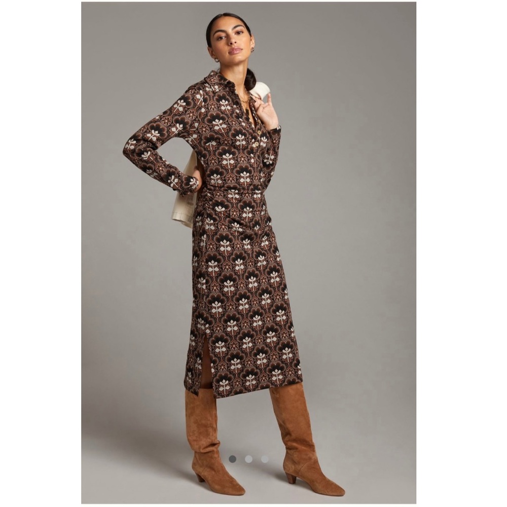 Anthropologie Maeve Long Sleeve Polo Midi Dress in Brown Motif, Medium HTF